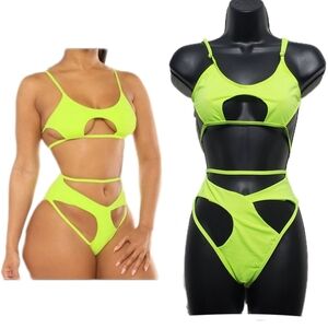 2/$30 "Summer Time Memories" Neon Green Cut-Out High Waist Bikini Size Medium